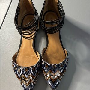 Beaded Pointed-Toe Flats with Multi Layer Ankle Wrap in Navy Blue & Gold